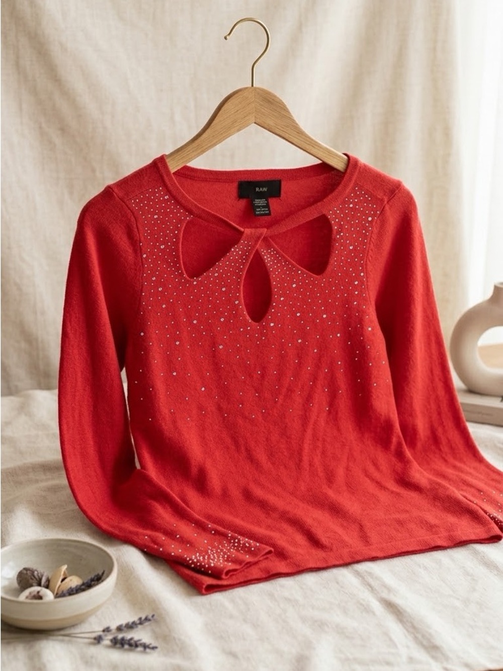 Red Jewel-Accent Keyhole Knit Sweater